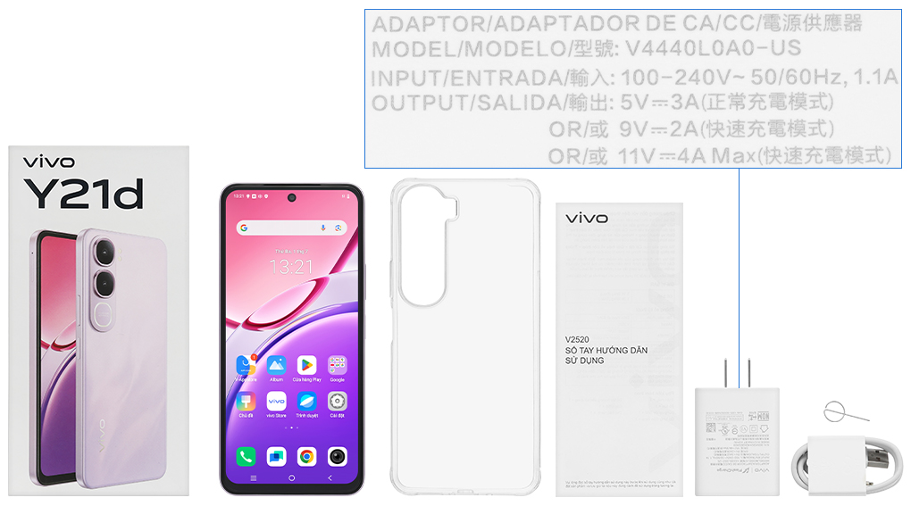 Bộ sản phẩm gồm: Ốp lưng, Sách hướng dẫn, Miếng dán màn hình, Hộp, Cáp Type C, Củ sạc nhanh rời đầu Type A, Cây lấy sim