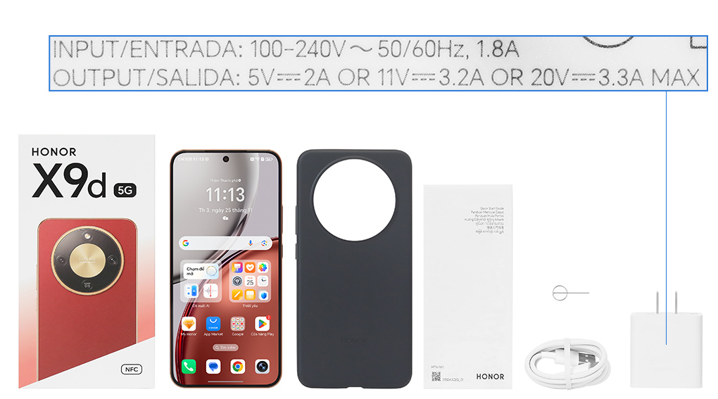 Bộ sản phẩm gồm: Hộp, Sách hướng dẫn, Cây lấy sim, Miếng dán màn hình, Ốp lưng, Cáp Type C, Củ sạc nhanh rời đầu Type A