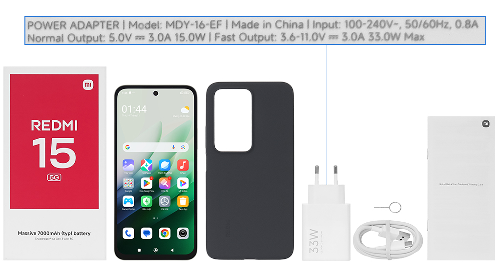 Bộ sản phẩm gồm: Cáp Type C, Cây lấy sim, Củ sạc nhanh rời đầu Type A, Hộp, Sách hướng dẫn, Ốp lưng