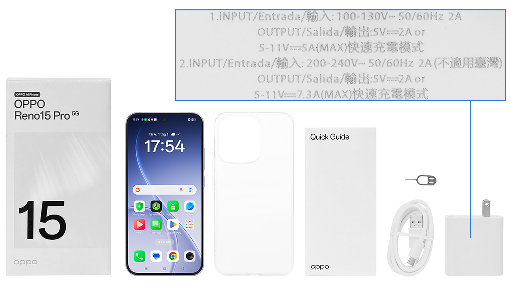 Bộ sản phẩm gồm: Ốp lưng, Sách hướng dẫn, Hộp, Cáp Type C, Củ sạc nhanh rời đầu Type A, Cây lấy sim