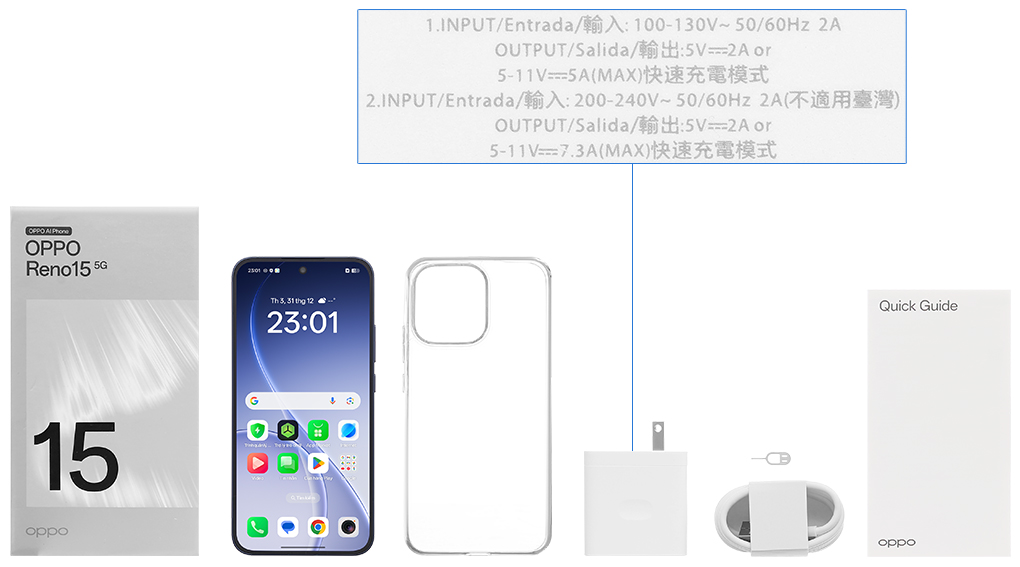 Bộ sản phẩm gồm: Ốp lưng, Sách hướng dẫn, Hộp, Cáp Type C, Củ sạc nhanh rời đầu Type A, Cây lấy sim