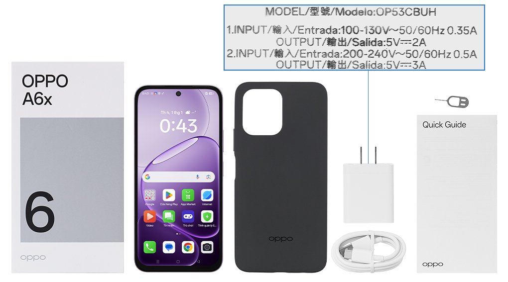 Bộ sản phẩm gồm: Ốp lưng, Sách hướng dẫn, Hộp, Cáp Type C, Củ sạc nhanh rời đầu Type A, Cây lấy sim