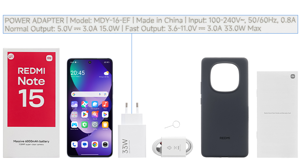 Bộ sản phẩm gồm: Cáp Type C, Cây lấy sim, Củ sạc nhanh rời đầu Type A, Hộp, Sách hướng dẫn, Ốp lưng