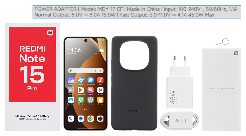 Bộ sản phẩm gồm: Cáp Type C, Cây lấy sim, Củ sạc nhanh rời đầu Type A, Hộp, Sách hướng dẫn, Ốp lưng