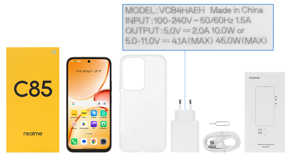 Bộ sản phẩm gồm: Củ sạc nhanh rời đầu Type A, Cáp Type C, Cây lấy sim, Hộp, Sách hướng dẫn, Ốp lưng
