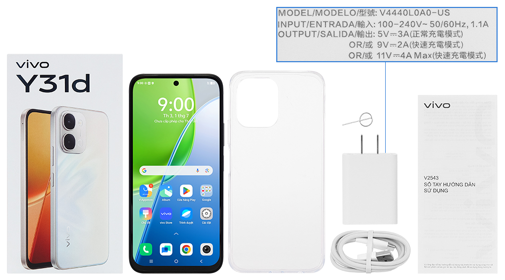 Bộ sản phẩm gồm: Ốp lưng, Sách hướng dẫn, Hộp, Miếng dán màn hình, Cáp Type C, Cây lấy sim, Củ sạc nhanh rời đầu Type A