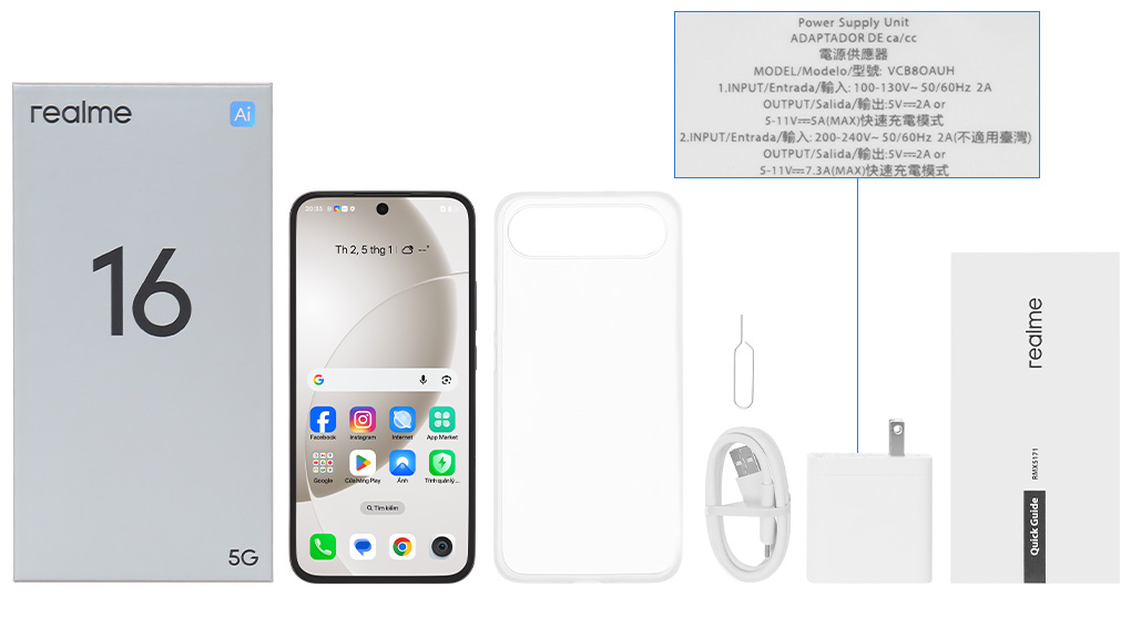 Bộ sản phẩm gồm: Ốp lưng, Sách hướng dẫn, Hộp, Cáp Type C, Củ sạc rời đầu Type A, Miếng dán màn hình, Cây lấy sim