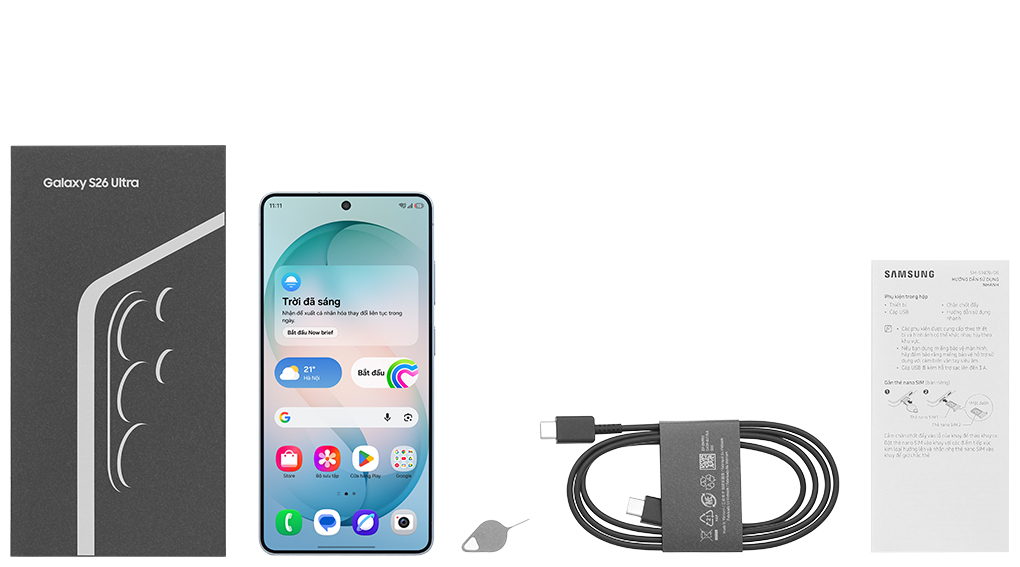 Bộ sản phẩm gồm: Cáp Type C, Cây lấy sim, Hộp, Sách hướng dẫn