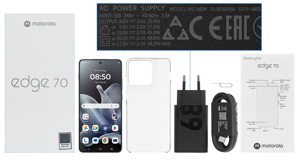 Bộ sản phẩm gồm: Ốp lưng, Hộp, Cáp Type C, Cây lấy sim, Củ sạc nhanh Type C