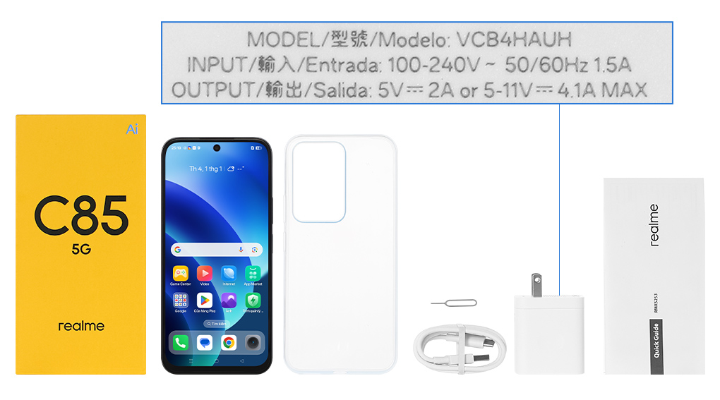 Bộ sản phẩm gồm: Cáp Type C, Ốp lưng, Sách hướng dẫn, Củ sạc nhanh rời đầu Type A, Hộp, Miếng dán màn hình