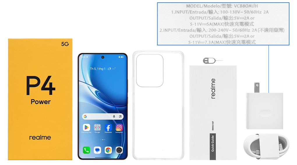 Bộ sản phẩm gồm: Cáp Type C, Củ sạc rời đầu Type A, Hộp, Ốp lưng, Sách hướng dẫn, Miếng dán màn hình