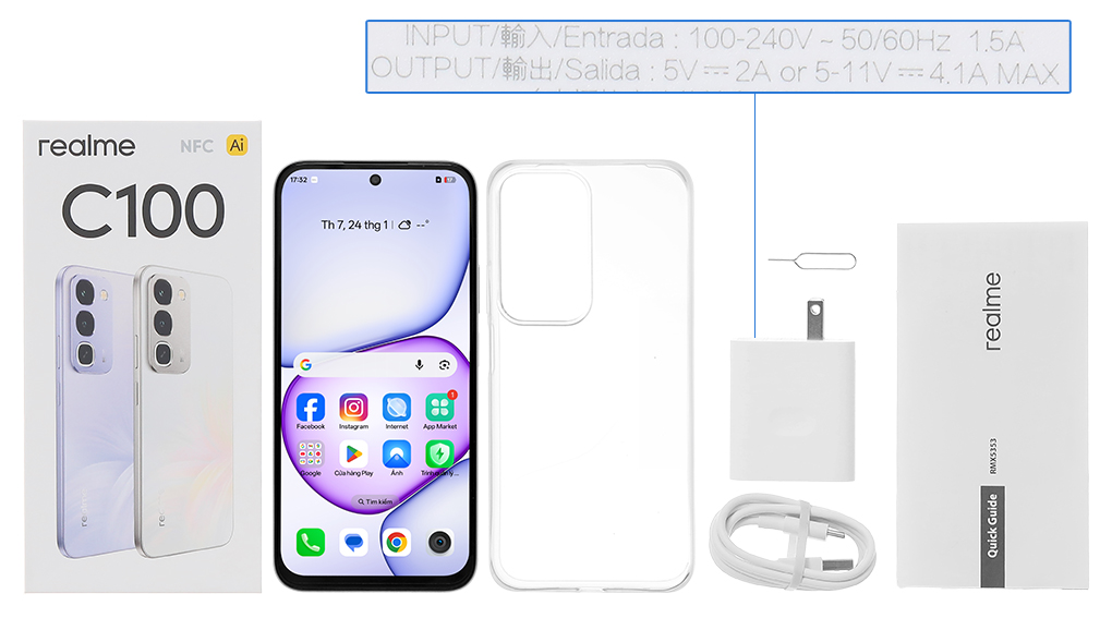 Bộ sản phẩm gồm: Cáp Type C, Củ sạc nhanh rời đầu Type A, Hộp, Sách hướng dẫn, Ốp lưng