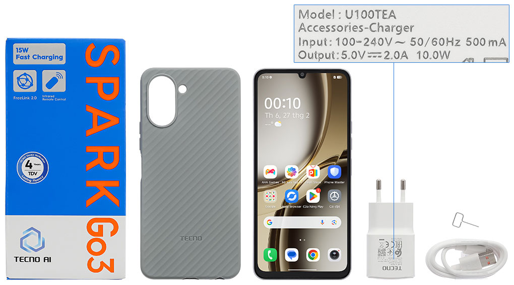 Bộ sản phẩm gồm: Cáp Type C, Củ sạc nhanh Type C, Cây lấy sim, Hộp, Sách hướng dẫn, Ốp lưng
