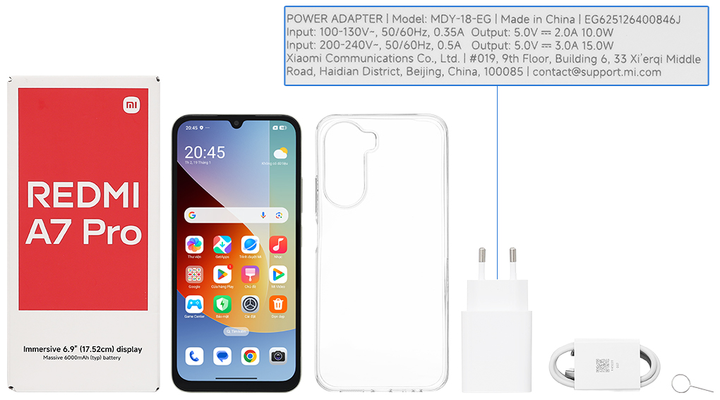 Bộ sản phẩm gồm: Hộp, Sách hướng dẫn, Cây lấy sim, Cáp Type C, Củ sạc rời đầu Type A