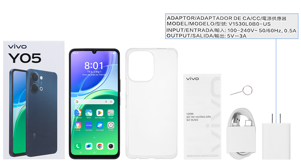 Bộ sản phẩm gồm: Ốp lưng, Sách hướng dẫn, Miếng dán màn hình, Hộp, Cây lấy sim, Củ sạc nhanh rời đầu Type A, Cáp Type C