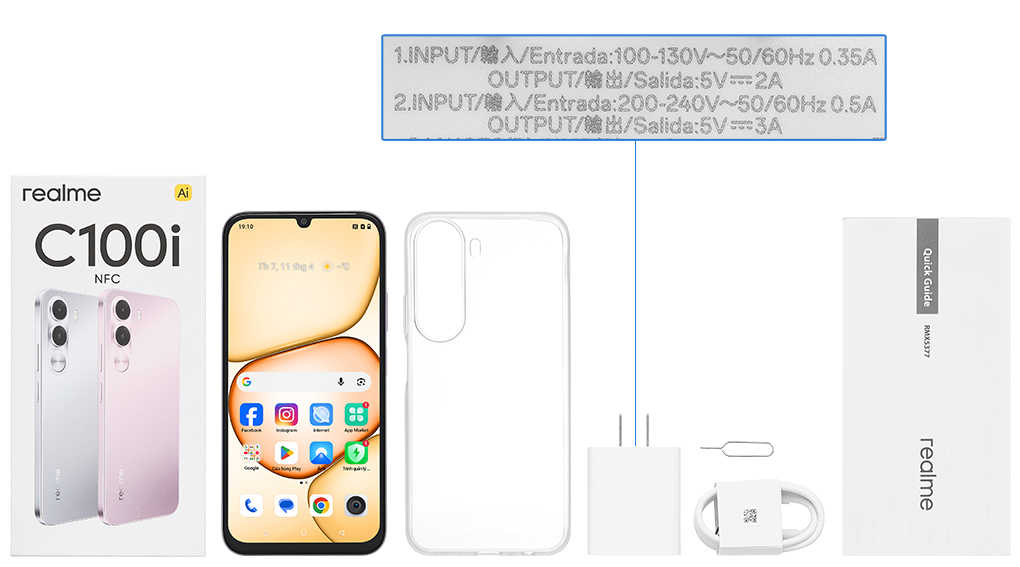 Bộ sản phẩm gồm: Hộp, Sách hướng dẫn, Ốp lưng, Cáp Type C, Củ sạc nhanh rời đầu Type A
