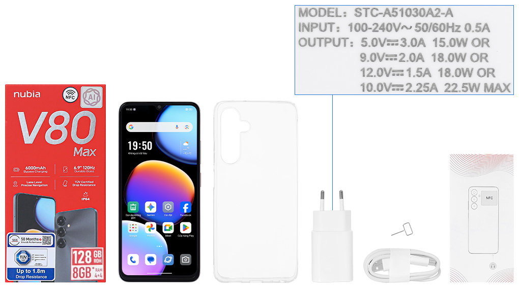 Bộ sản phẩm gồm: Hộp, Sách hướng dẫn, Cây lấy sim, Ốp lưng, Cáp Type C, Củ sạc nhanh rời đầu Type A