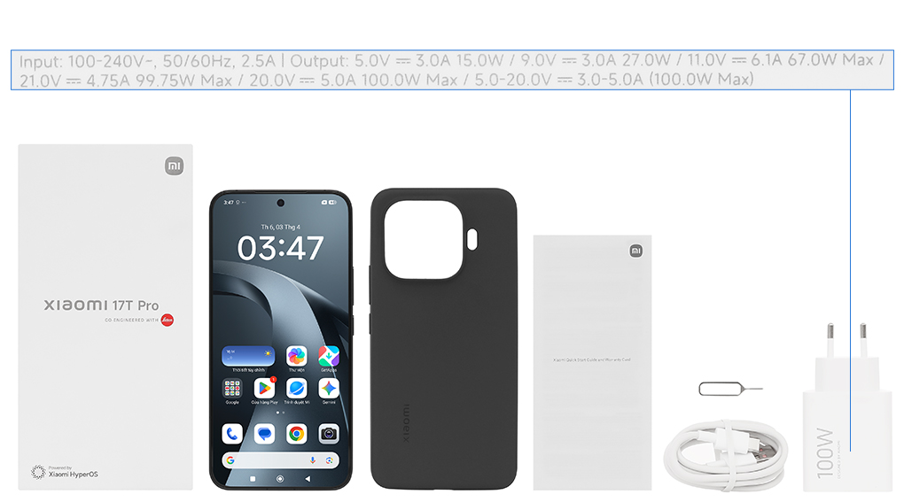 Bộ sản phẩm gồm: Cáp Type C, Củ sạc nhanh rời đầu Type A, Cây lấy sim, Hộp, Sách hướng dẫn, Ốp lưng, Miếng dán màn hình