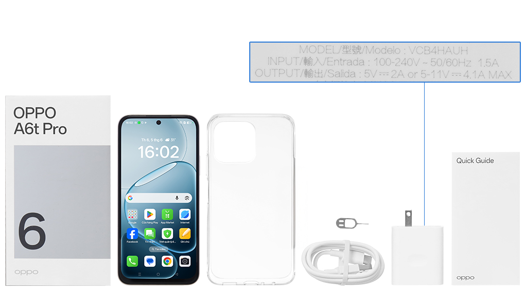 Bộ sản phẩm gồm: Ốp lưng, Sách hướng dẫn, Hộp, Cáp Type C, Cây lấy sim, Củ sạc rời đầu Type A