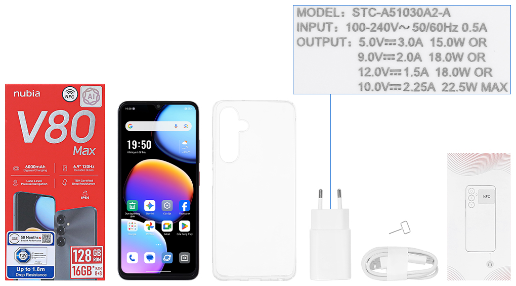 Bộ sản phẩm gồm: Hộp, Sách hướng dẫn, Cây lấy sim, Ốp lưng, Cáp Type C, Củ sạc nhanh rời đầu Type A