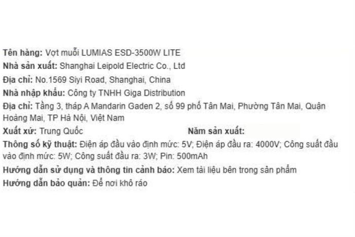 Vợt muỗi Lumias ESD-3500W LITE Màu Trắng