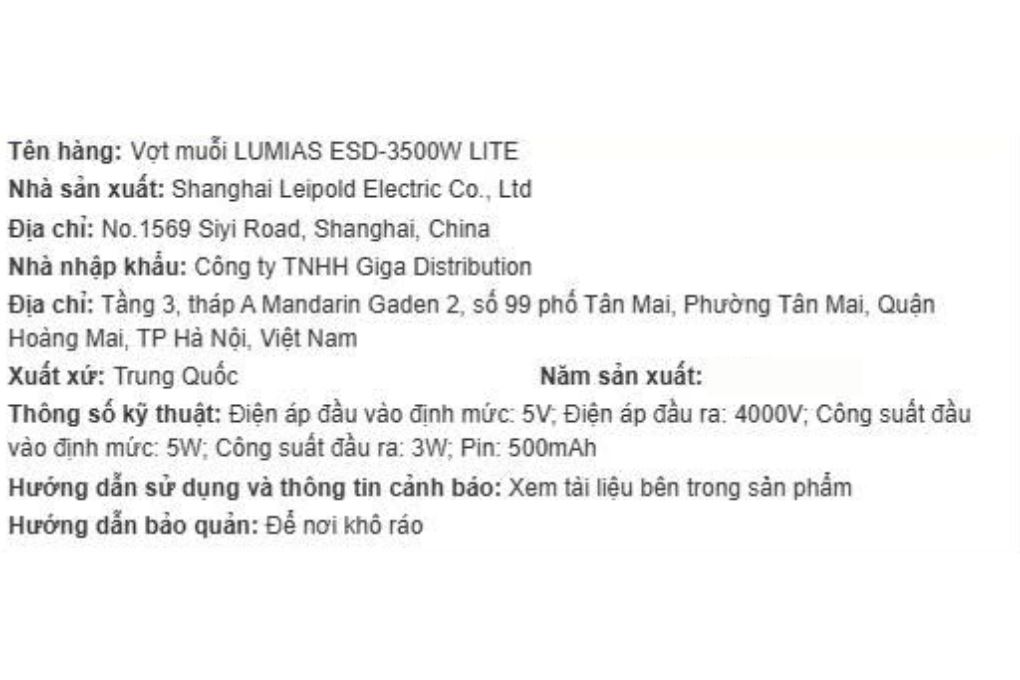 Vợt muỗi Lumias ESD-3500W LITE Màu Trắng