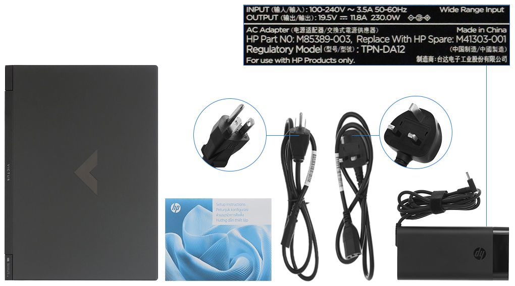 Bộ sản phẩm gồm: Sách hướng dẫn, Sạc Laptop HP ( 230W ), Thùng máy