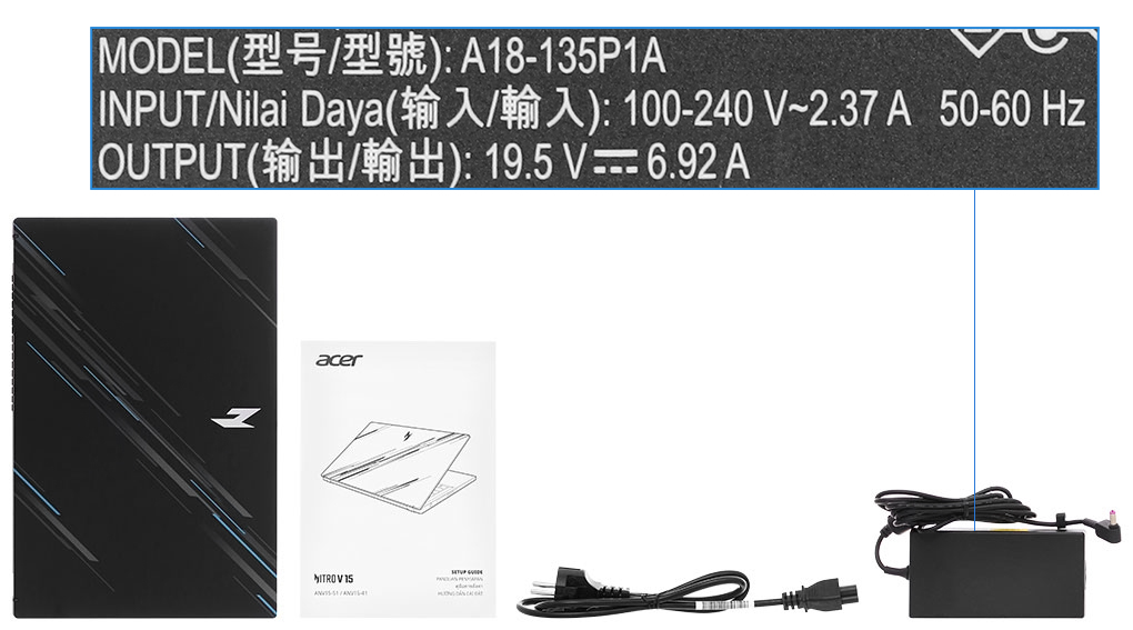 Bộ sản phẩm gồm: Sách hướng dẫn, Thùng máy, Sạc Laptop Acer ( 135W )