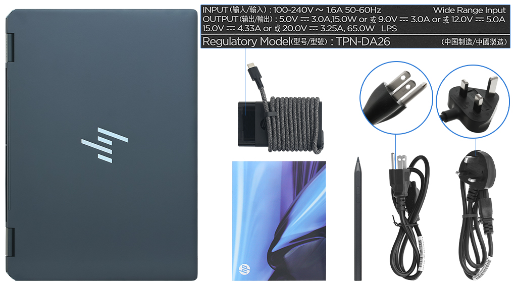 Bộ sản phẩm gồm: Bút cảm ứng, Sách hướng dẫn, Sạc Laptop HP ( 65W ), Thùng máy