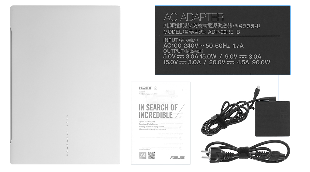 Bộ sản phẩm gồm: Thùng máy, Sách hướng dẫn, Sạc Laptop Asus ( 90W )