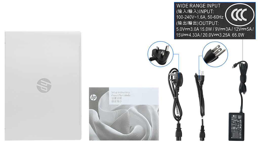 Bộ sản phẩm gồm: Sách hướng dẫn, Sạc Laptop HP, Thùng máy