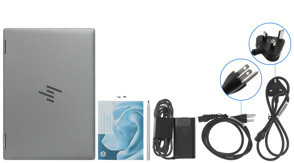 Bộ sản phẩm gồm: Sách hướng dẫn, Bút cảm ứng, Thùng máy, Sạc Laptop HP ( 65W )