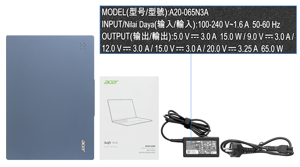 Bộ sản phẩm gồm: Sách hướng dẫn, Sạc Laptop Acer ( 65W ), Thùng máy
