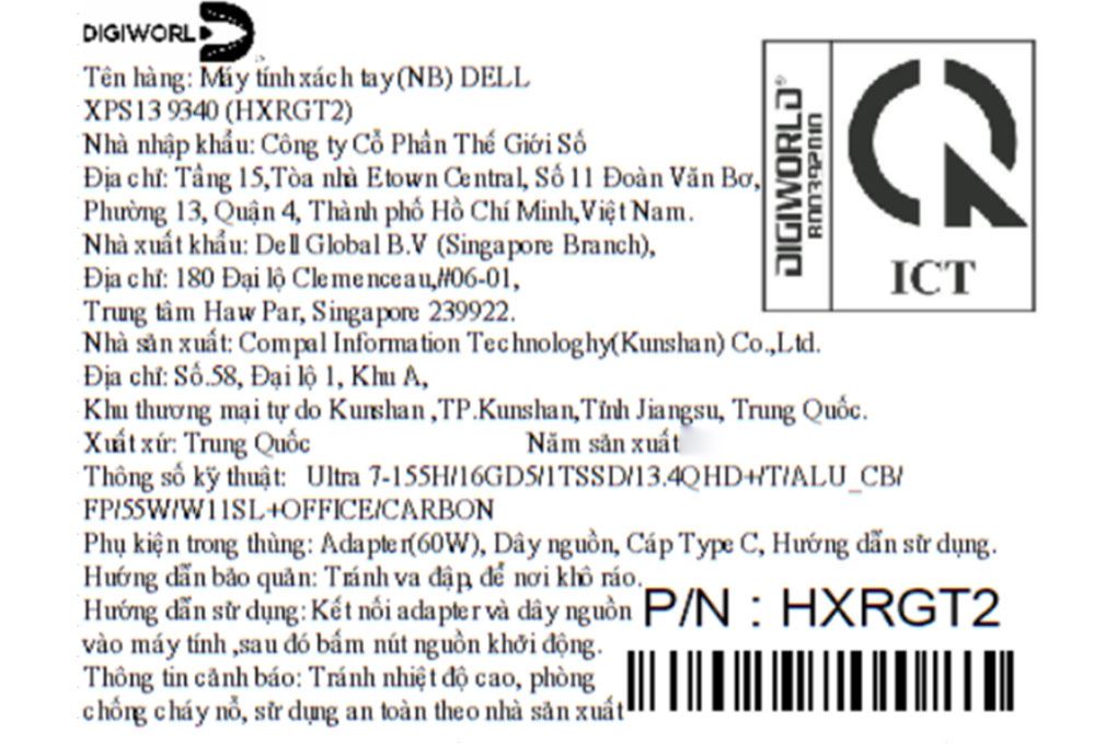 Laptop Dell XPS 13 9340 - HXRGT2 (Ultra 7 155H, 16GB, 1TB, QHD+, Cảm ứng, OfficeHS, Win11) - 8