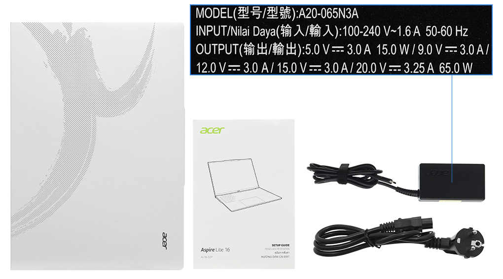 Bộ sản phẩm gồm: Sách hướng dẫn, Sạc Laptop Acer ( 65W ), Thùng máy