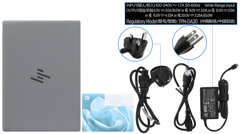 Bộ sản phẩm gồm: Sách hướng dẫn, Thùng máy, Sạc Laptop HP ( 65W USB-C )
