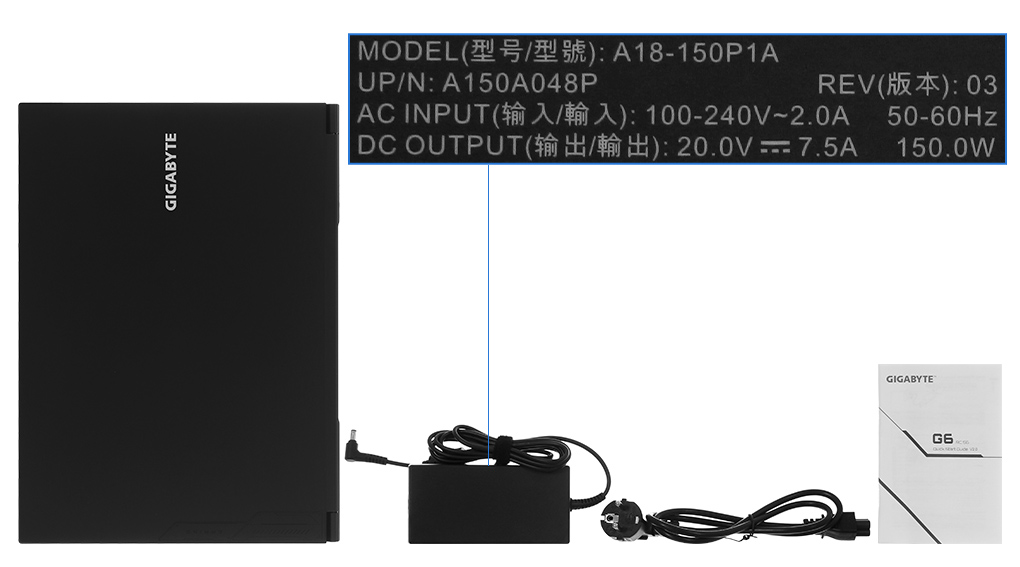 Bộ sản phẩm gồm: Sách hướng dẫn, Sạc Laptop Gigabyte ( 150W ), Thùng máy