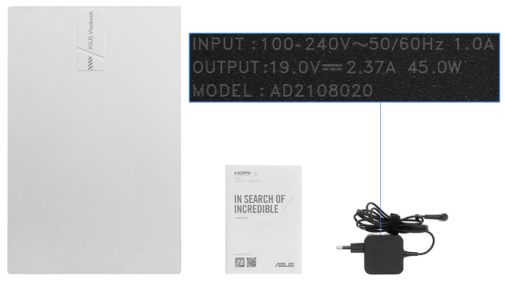 Bộ sản phẩm gồm: Sách hướng dẫn ( 45W ), Thùng máy, Sạc Laptop Asus