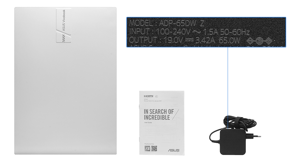 Bộ sản phẩm gồm: Sách hướng dẫn, Thùng máy, Sạc Laptop Asus ( 65W )