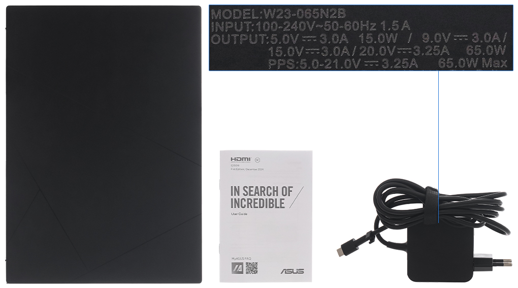 Bộ sản phẩm gồm: Sách hướng dẫn, Sạc Laptop Asus ( 65W ), Thùng máy, Túi xách