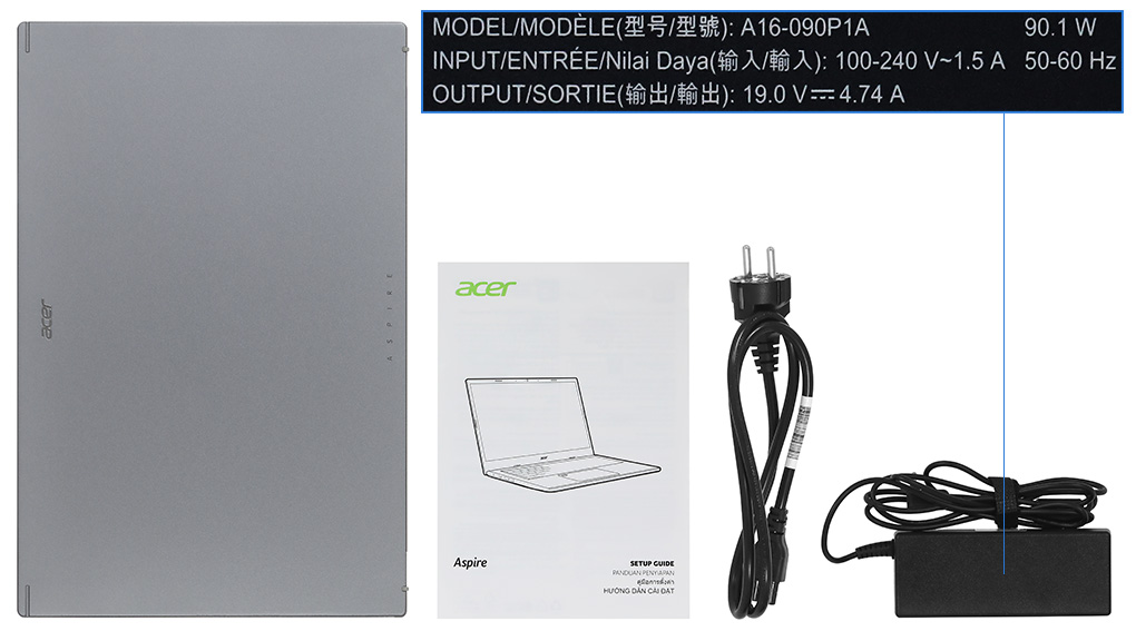 Bộ sản phẩm gồm: Sách hướng dẫn, Thùng máy, Sạc Laptop Acer ( 90W )