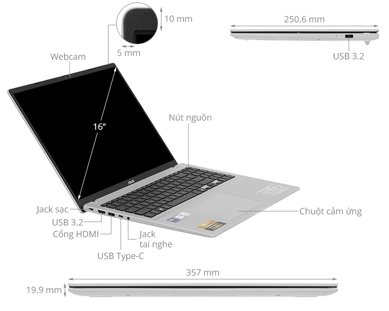 Asus Vivobook 16 A1607CA - MB038WS (Ultra 5 225H, 16GB, 512GB, WUXGA, OfficeH24+365, Win11)
