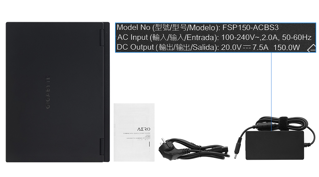 Bộ sản phẩm gồm: Sách hướng dẫn, Thùng máy, Sạc Laptop Gigabyte ( 150W )