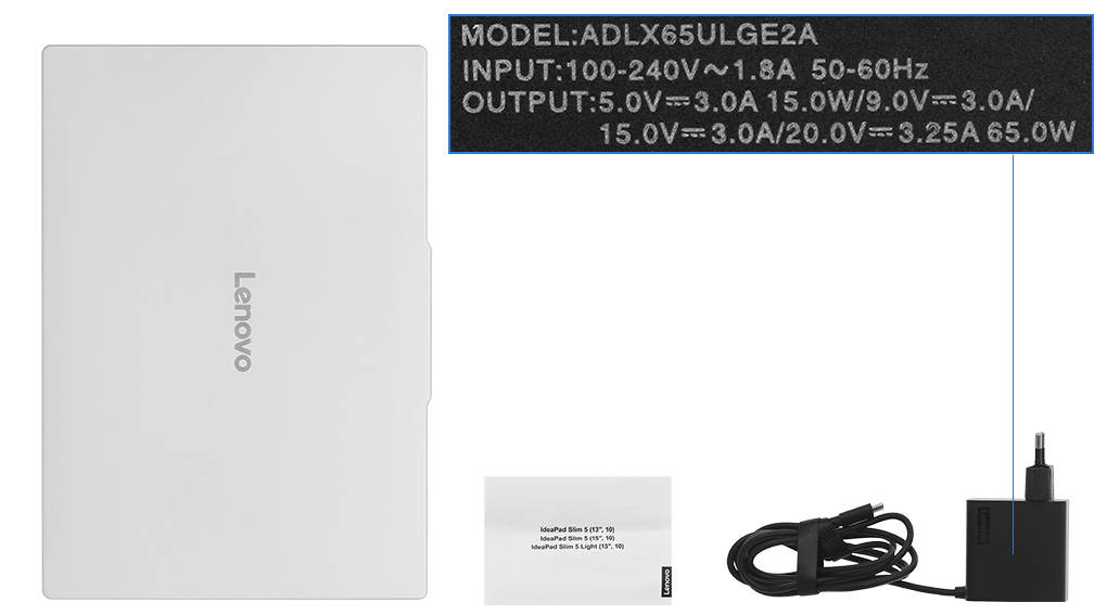 Bộ sản phẩm gồm: Sách hướng dẫn, Thùng máy, Sạc Laptop Lenovo ( 65W USB-C )