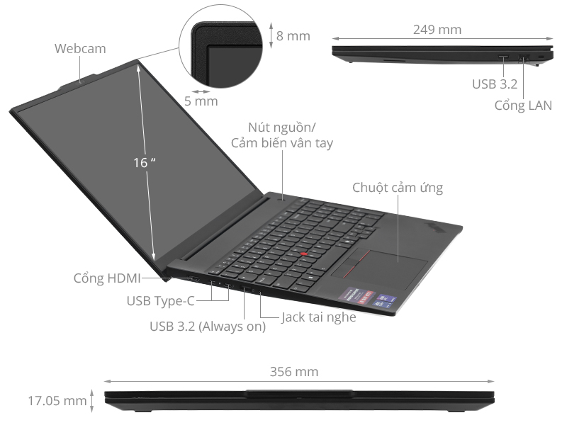 Lenovo ThinkPad E16 - 21SR002QVN (Ultra 5 225H, 32GB, 512GB, WUXGA, Win11)