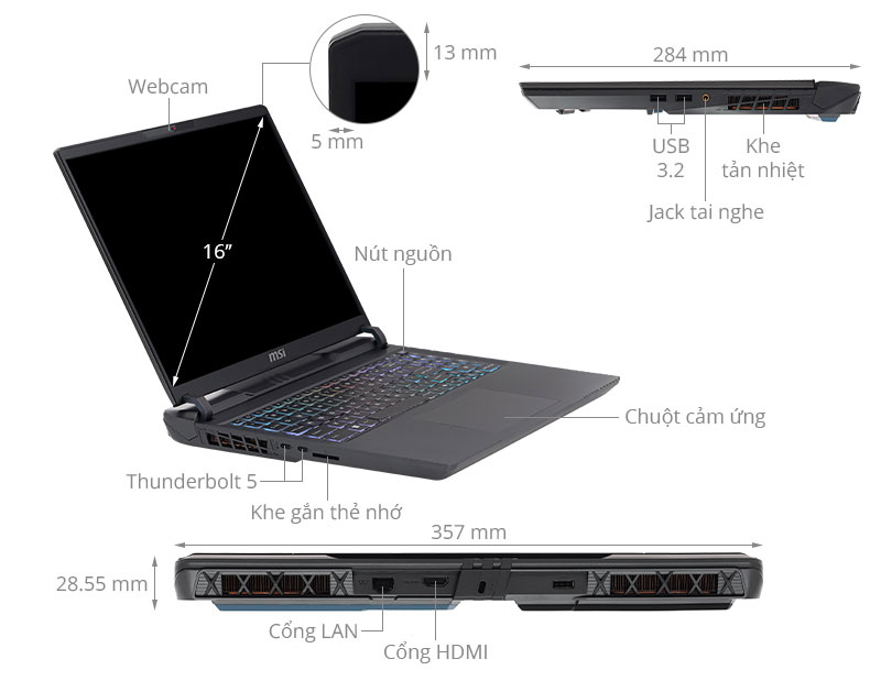 MSI Gaming Vector 16 HX AI A2XWHG - 010VN_32GB (Ultra 7 255HX, 32GB, 512GB, RTX 5070Ti 12GB, QHD+ 240Hz, Win11)