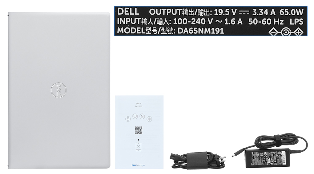 Bộ sản phẩm gồm: Sách hướng dẫn, Thùng máy, Sạc Laptop Dell ( 65W )
