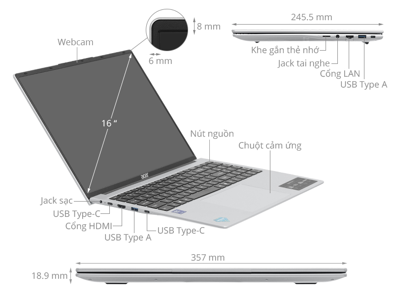 Acer Aspire Lite 16 AI AL16 71P 5674 - NX.D4XSV.001 (Ultra 5 125H, 16GB, 512GB, Full HD+, Win11)