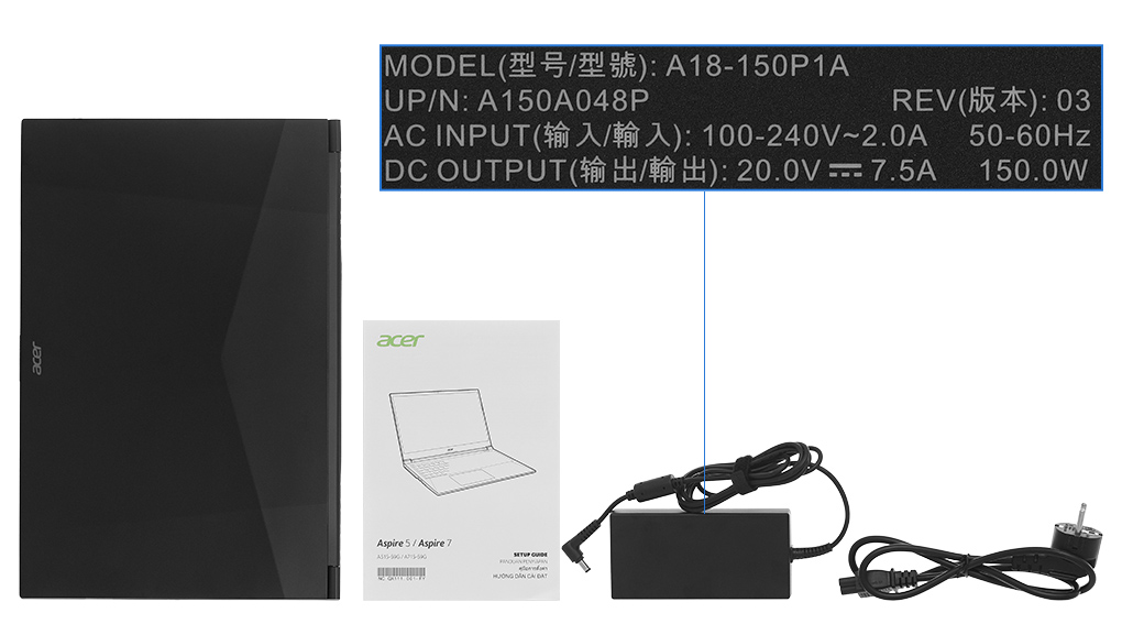 Bộ sản phẩm gồm: Sách hướng dẫn, Thùng máy, Sạc Laptop Acer ( 150W )