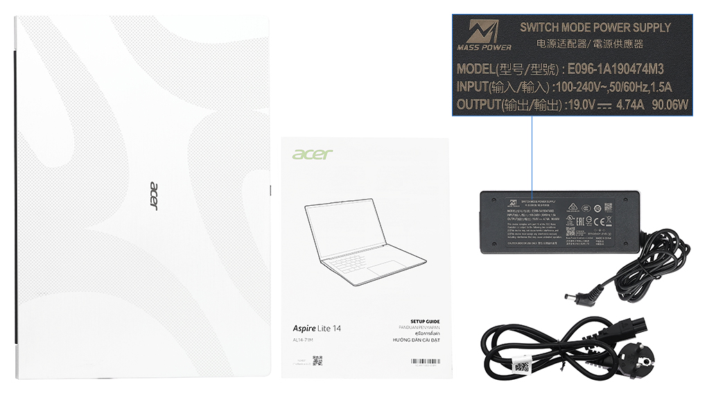 Bộ sản phẩm gồm: Sách hướng dẫn, Thùng máy, Sạc Laptop Acer ( 90W )